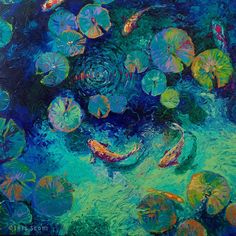 an abstract painting of water lilies and fish