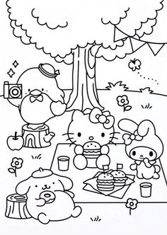 hello kitty picnic coloring page with many different animals and food items on the table in front of