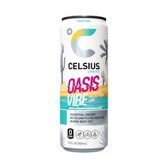 a can of celsius oasis vibe energy drink on a white background with cactuses