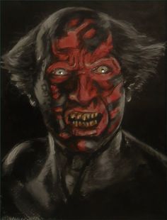 a painting of a man with red paint on his face and mouth, in black background