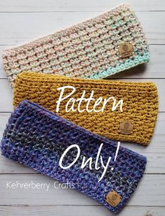 three crocheted headbands with the words pattern only