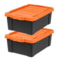 two black and orange storage boxes with lids