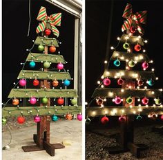 two different christmas trees decorated with lights and ornaments, one is made from wooden planks