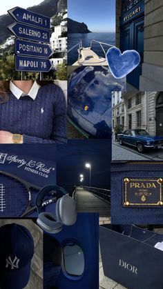 the collage shows many different things in blue and white