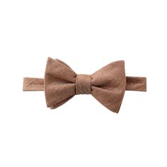 A caramel bow tie in a matte fabric with a linen-like texture. Classic Summer Bow Tie With Decorative Bow, Brown Satin Bow Tie For Black Tie Events, Classic Summer Bow With Bow Tie Back, Classic Bow With Bow Tie Back For Summer, Dapper Bow For Summer Formal Events, Elegant Brown Bow Tie With Satin Bow, Elegant Brown Satin Bow Tie, Brown Dapper Bow Tie For Party, Classic Brown Bow Tie