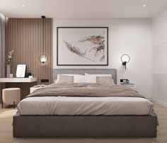 a bedroom with a large bed and white walls