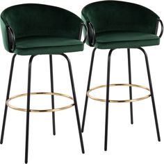 pair of green velvet bar stools with black metal base and gold ring detail legs