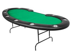 a black table with green cloth on it and four legs in the shape of a poker chip