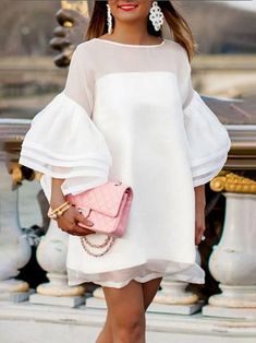 Long Sleeves Loose Falbala See-Through Solid Color Split-Joint Round-Neck Mini Dresses Simple Free Gown Styles, Birthday Dress Outfit Ideas, White Outfit Party, Simple Chiffon Dress, Styles For Pregnant Women, White Dress Classy, Mini Wedding Dress, White Party Outfit, Chic Mini Dress