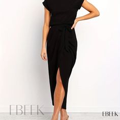 Ebeek - Sophisticated Short Sleeve Midi Dress with Knot Detail - Womens Split Solid Dress Short Sleeve Midi Dress, Midi Short Sleeve Dress, Solid Dress, Summer Fall, Black Color, Knit Fabric, Knot, Split, Black Dress