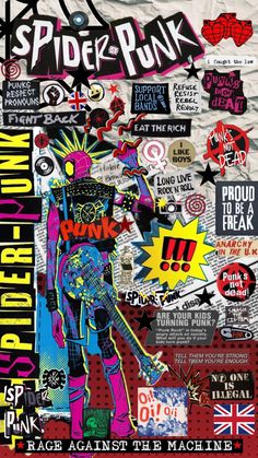 a poster with various stickers on it that says spider - punk and an image of a man holding a skateboard