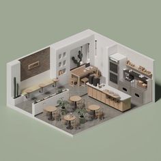 an overhead view of a kitchen and dining area