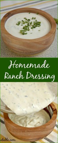 homemade ranch dressing in a wooden bowl