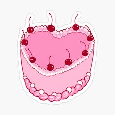 a pink heart shaped cake with cherries on the top sticker is sitting in front of a white background