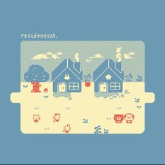 an old - school video game with houses and animals in the background that says, residential