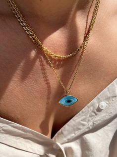 24k Gold Evil Eye Necklace Gold Chain Necklace Evil Eye - Etsy Luxury Handmade Double Strand Necklace, Gold Spiritual Jewelry With Cable Chain, Gold Chain Necklace With Evil Eye As Gift, Gold Chain Necklace With Evil Eye For Gift, Blue Gold-plated Chain Necklace As Gift, Blue Gold Plated Chain Necklace As Gift, Sterling Silver Double Strand Chain Necklace Gift, Double Strand Yellow Gold Necklaces For Gift, Gold Double Strand Handmade Necklace