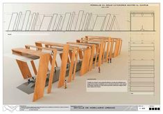 an architectural drawing of several tables and chairs in various stages of construction, including the legs