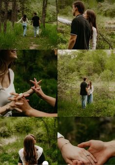 two people standing in the woods holding hands