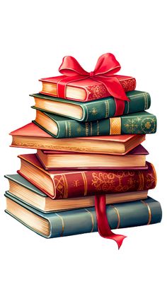 a stack of books with a red bow on top of them, all stacked together