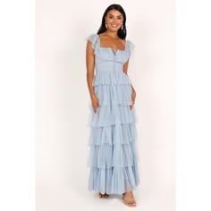 Blue Ruffle Bridesmaid Dress, Blue Spring Bridesmaid Dresses, Blue And Floral Bridesmaid Dresses, Summer Tiered Maxi Dress, Something Blue Dress, Blue Cottage Core Dress, Blue Bridesmaid Dresses With Sleeves, Blue Garden Party Dress, Pastel Blue Bridesmaid Dress