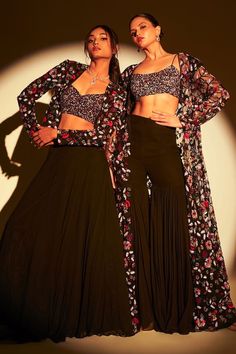 Black attached cancan lehenga. Paired with a multi color, floral, sequins hand embroidered jacket and inner padded sequin hand embroidered blouse. - Aza Fashions Short Lehenga, Sequins Jacket, Jacket Lehenga, Cancan Lehenga, Cape Lehenga, Kurta Lehenga, Lehenga Pattern, Lehenga Skirt, Open Neck