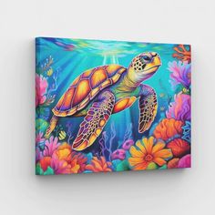 a painting of a turtle swimming in the ocean surrounded by corals and seaweed