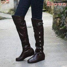 Boots Women Knee-high Boots Long Boots Leather Low Heel Shoes Woman Au – shoemehoney Brown Wedge Boots For Fall, Brown Round Toe Wedge Boots For Fall, Brown Faux Leather Wedge Boots With Round Toe, Brown Wedge Boots With Round Toe For Fall, Fall Wedge Boots With Round Toe, Brown Round Toe Wedge Boots For Winter, Brown Winter Wedge Boots With Round Toe, Brown Closed Toe Knee-high Boots For Winter, Faux Leather Knee-high Boots With Round Toe For Fall