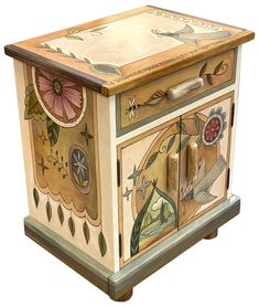 an artisticly painted wooden box with flowers and birds on it