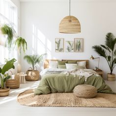 a bedroom with lots of plants in the corner