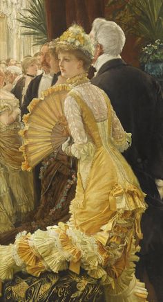 a painting of a woman in yellow dress holding an umbrella next to a man in a black suit