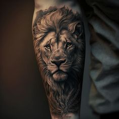 a man's leg with a lion tattoo on it, and his arm is shown