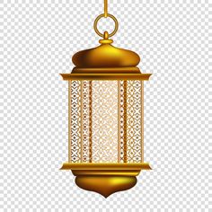 a golden lantern hanging from a chain on a white background, with an intricate pattern