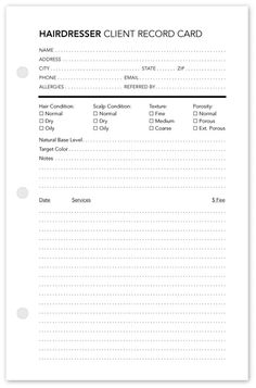 Client Record Cards Beauty, Hairstylist Client Record, Client Intake Form Hair, Client Consultation Forms Salon Hair, Hair Studio Ideas Small Spaces, Hair Salon Organization Ideas, Client Record Card, Client Card, Hair Consultation