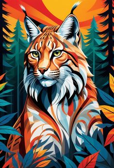 a painting of a tiger surrounded by trees