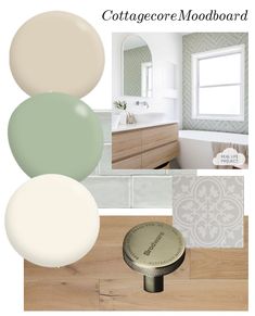 moodboard with sage green, beige and white paint colours, timber floor with knots and sage green wall tiles in herringbone pattern Green Natural Bathroom Ideas, Green Beige Bathroom Ideas, Grey And Sage Bathroom Ideas, Sage Green And Neutral Bathroom, Pale Green Tile Bathroom, Sage Green Spa Bathroom, Sage Green Small Bathroom Ideas, Green And Stone Bathroom, Sage Green Shower Room