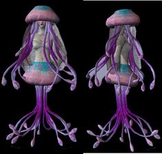 two purple and blue jellyfishs are shown against a black background, one with its head turned to the side