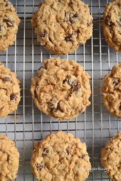 four cookies cooling on a wire rack with chocolate chips and oatmeal toppings