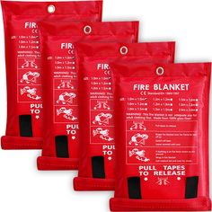 three red fire blankets with instructions on them