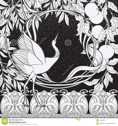 a black and white drawing of a crane in the night sky surrounded by leaves, flowers and fruit