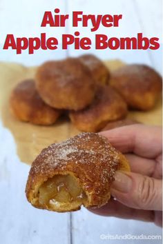 These Easy Air Fryer Apple Pie Bombs are the best! Flaky, golden brown miniature apple pies are made with refrigerated biscuits and filled with apple pie filling. Dip them in butter and coat with cinnamon-sugar before cooking to create a "pie crust-like" shell. Air Fryer Apple Pie, 4 Ingredient Desserts, Grands Biscuits, Apple Pie Bites, Air Fryer Cooking Times, Pie Bites, Apple Pie Filling, Baked Apple