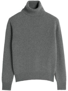 grey cashmere-wool blend knitted construction signature Ami de Coeur monogram motif ribbed cuffs and hem roll neck Luxury Wool Polo Sweater For Winter, Gray Cashmere Sweater With Ribbed Collar, Classic Wool Turtleneck With Ribbed Collar, Classic Gray Sweater For Workwear, Elegant Gray Cashmere Sweater, Elegant Gray Turtleneck Sweater, Classic Merino Wool Turtleneck With Ribbed Collar, Classic Wool Turtleneck With Ribbed Cuffs, Gray Turtleneck Sweater With Ribbed Cuffs