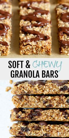 homemade granola bars with chocolate drizzled on top and text overlay that reads soft & chewy granola bars