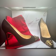 Beautiful And Unique Pair Of Loubs, Size 38.5. Authentic, Gently Used. Comes With Dust Bag And Red Bottom Protectors Not Yet Applied. Original Purchase At Neiman Marcus . Red Bottom, Louboutin Heels, Christian Louboutin Heels, Red Bottoms, Christian Louboutin Shoes, Black Suede, Shoes Women Heels, Neiman Marcus, Christian Louboutin