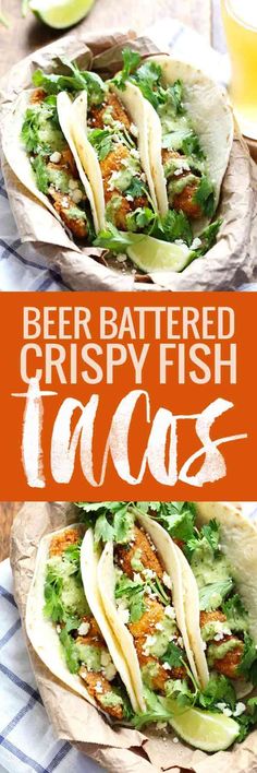 beer battered crispy fish tacos with avocado and cilantro sauce