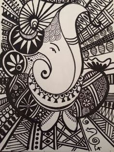 an elephant is drawn in black and white with intricate designs on the back of it