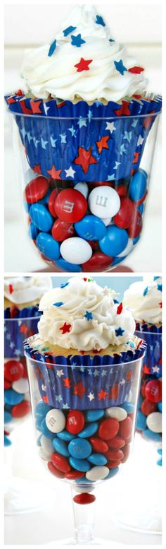 red, white and blue cupcakes in plastic cups