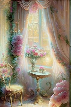 a painting of a room with flowers on the window sill and a chair next to it