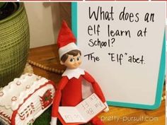 an elf is sitting in front of a sign that says what does an elf learn at school?