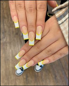 White Nails With Colored French Tip, White Tip Nails With Design Summer, Yellow And White French Tip Nails, French Tip Acrylic Nails Spring, Yellow Black And White Nails, Yellow And White Nails Acrylic, Yellow And White Nails Design, Blue And Yellow Nails Acrylic, Yellow French Tip Toes