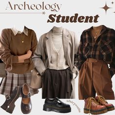 Relaxed Dark Academia Outfits, Anthropology Outfit Ideas, Botany Scholar Clothing, Feminine Academia Outfits, History Student Aesthetic Outfit, Dark Academia Majors, Anthropology Student Aesthetic, Archeology Aesthetic Outfit, History Student Outfit